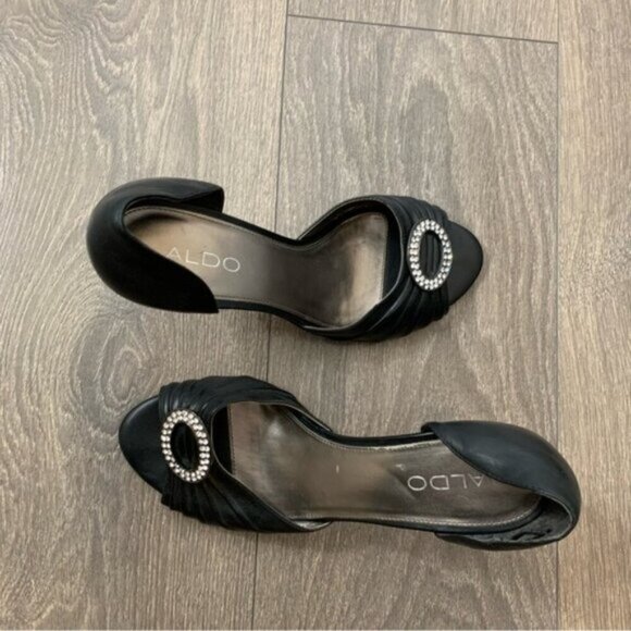 Aldo Women's Open toe Pumps Heels Leather Black Crystal Embellishment detail - Picture 12 of 16